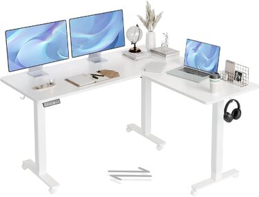Кутовий письмовий стіл Claiks 160x140 см, електричний, білий, L-подібний, з двома моторами, регульована висота, на колесах