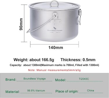iBasingo 2.9L Титановий турпосуд з великою ємністю, для кемпінгу та приготування їжі на відкритому повітрі. Легкий посуд з відкидним ручками для 1-3 осіб (Ti2045C)