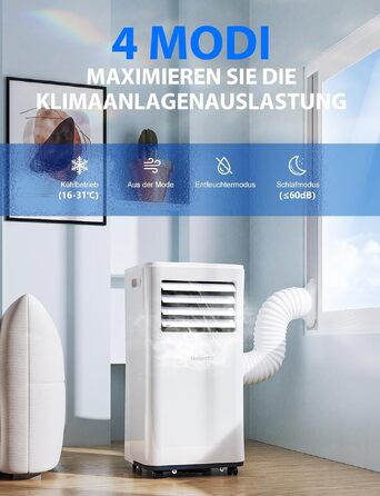 Мобільний кондиціонер 9000 BTU 4-в-1: охолодження, осушення, вентиляція, таймер на 24 год, білий