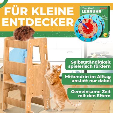 Дитяча помічниця кухня KIDIZ Montessori: регульований стілець-підставка з соснового дерева для дітей від 1 року, з навчальним годинником, витримує до 50 кг
