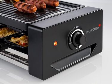 Електрична раклетниця Korona 45070 для 8 осіб, 1300 Вт, антипригарна гриль-плита, 8 сковорідок і лопаток, додаткова підставка для сковорідок, довгий кабель 1,2 м, чорна