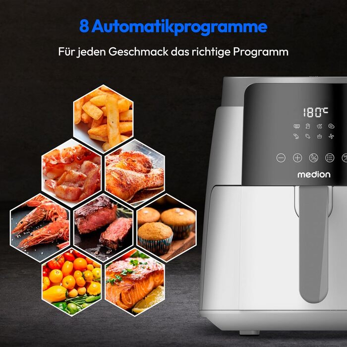 Аерофритюрниця MEDION P40 L 4,7 л, 1500 Вт, біла, антипригарне покриття, таймер, до 200°C, для приготування без олії