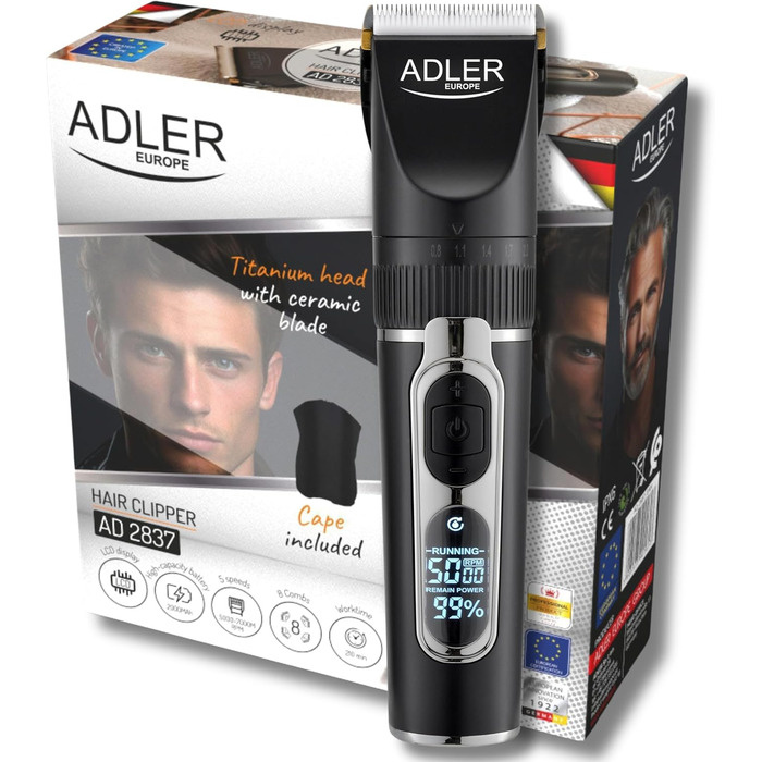 Машинка для стрижки волосся ADLER AD2837 з тримером для бороди, акумулятор 2000 мАг, набір для чоловіків і перукарів