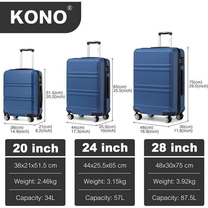 KONO Валіза середнього розміру 24 дюйми, ABS, з TSA-замком, 4 колеса, 65×44×25.5 см, темно-синій