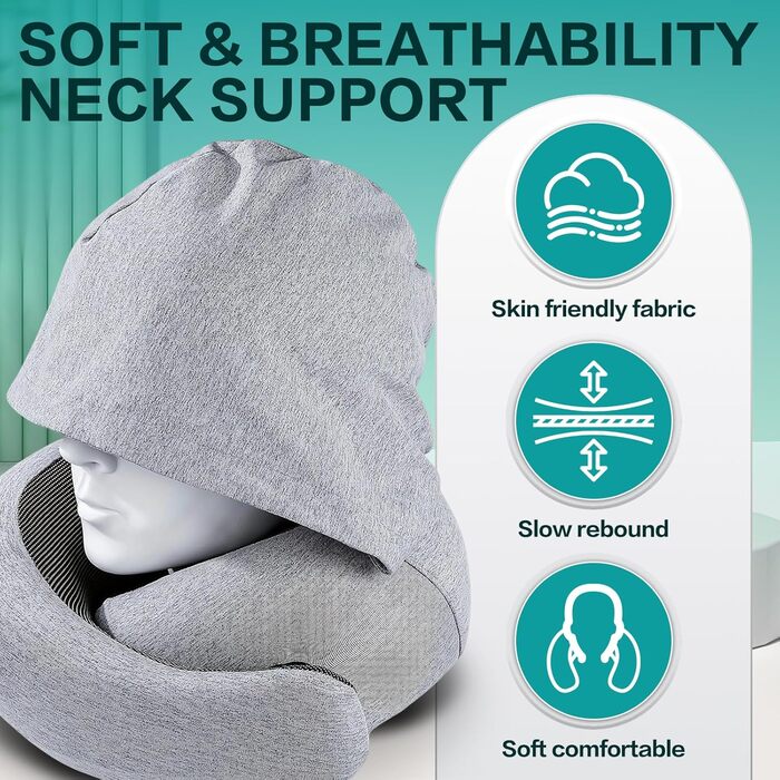 Подорожня подушка для шиї з ефектом пам'яті (Memory Foam) з капюшоном, маскою для сну та берушами — набір для перельотів, авто та поїздів