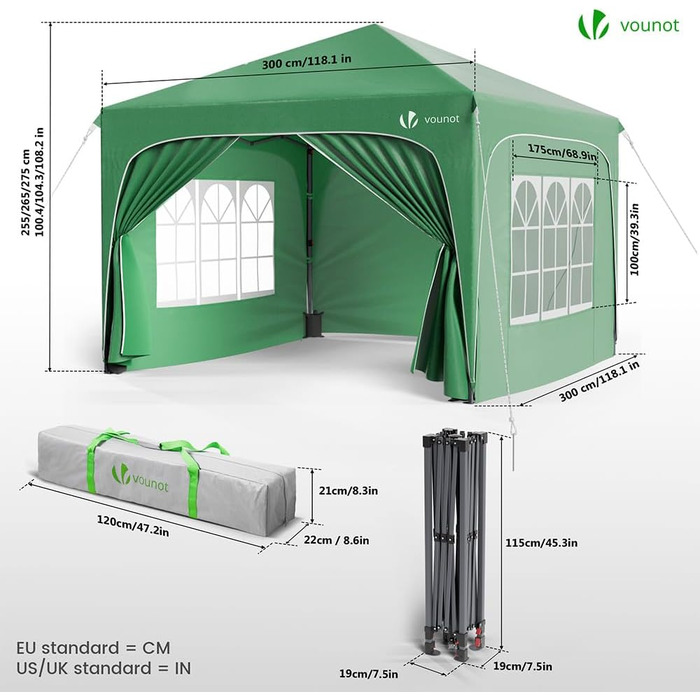 Альтанка садовий VOUNOT® 3x3м з бічними стінками та мішками для фіксації, водонепроникний шатер для вечірок, складна, зелена