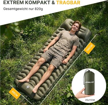 Кемпінговий надувний матрац Isomatte товщиною 12 см з ножною помпою, однопомісний, армійський зелений
