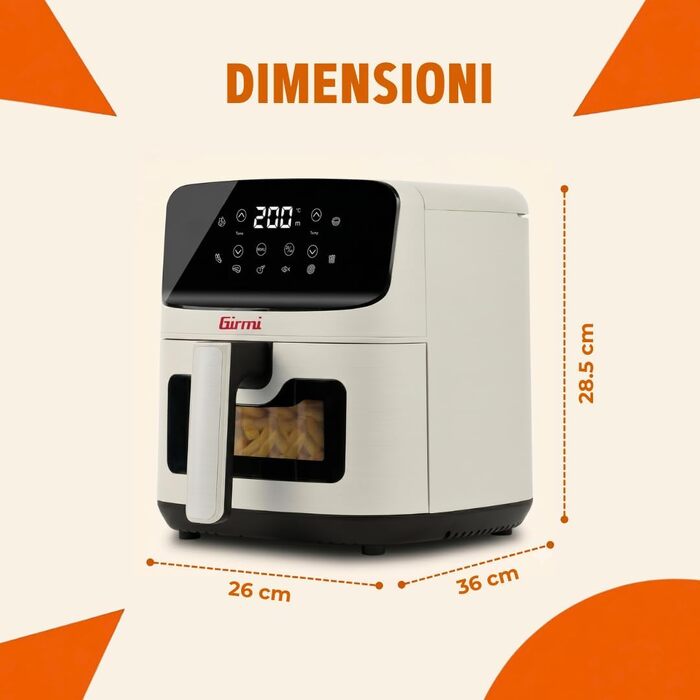 Аерофритюрниця Girmi FG27 Ecofrit Lite, 4.2 л, 1400 Вт, цифровий дисплей, 8 програм, таймер, без BPA та PFOA, колір крейдяно-білий