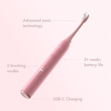 Електрична зубна щітка Ordo Sonic Lite, 35 000 імпульсів/хв, для дорослих, 2 режими, акумулятор до 5 тижнів, таймер, водонепроникна, USB-C, квітка рожевого кольору