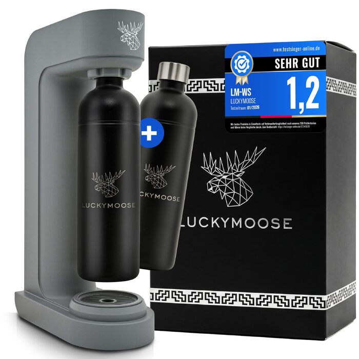 Сифон для газування води Luckymoose Infinity, з 2 пляшками з нержавіючої сталі по 1,25л, сумісний з синіми циліндрами CO2 60л (Сірий/Чорний)