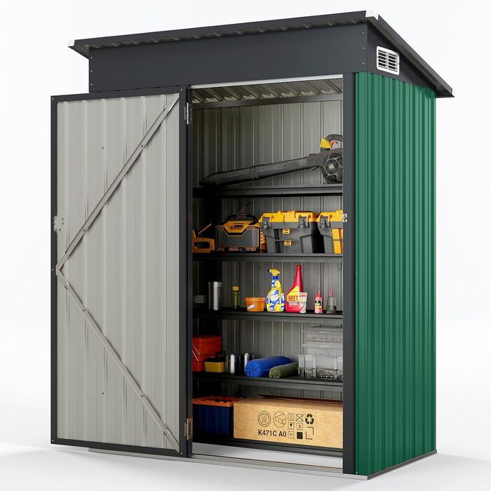 Металевий садовий будиночок COSTWAY 150x90,5x185 см, 1,5 м³, з похилим дахом та дверима, замиканий, зелений