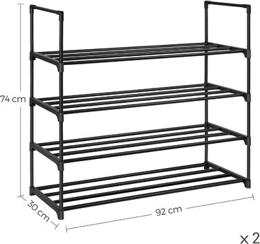 Металевий стелаж для взуття SONGMICS, 4 рівні, 2 шт, на 20 пар, чорний, 30x92x74 см, для коридору, вітальні та гардеробу