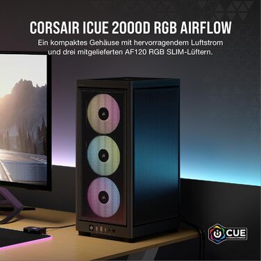 Корпус для ПК Corsair iCUE 2000D RGB Airflow Mini-ITX, сталевий, з підсвіткою, 3 вентилятори Slim AF120 RGB, контролер iCUE Lighting Node Core, чорний