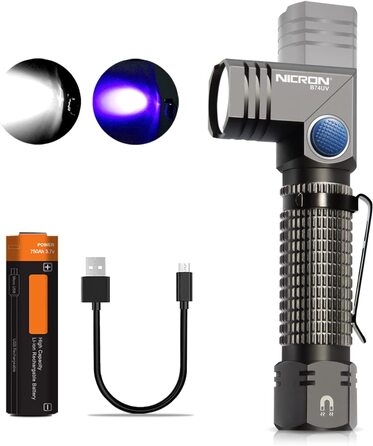 NICRON UV ліхтарик LED, 700 люмен, 90°, акумуляторний, 395нм, магніт, детектор плям сечі собак і котів, B74UV, білий та ультрафіолетовий світло