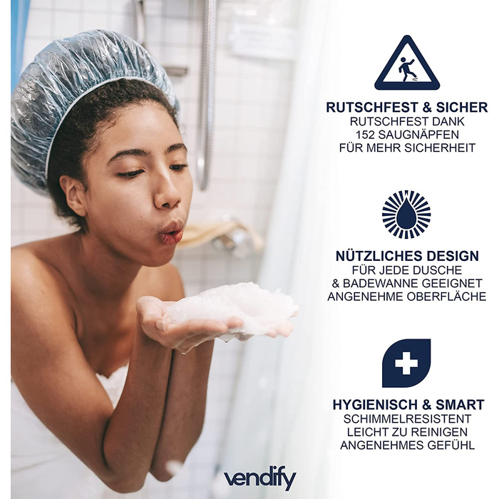 Vendify® преміум килимок для душу 53x53 см, антиковзний, квадратний, для ванної та душової кабіни, 152 присоски, без BPA, стійкий до плісняви, машинне прання, прозорий