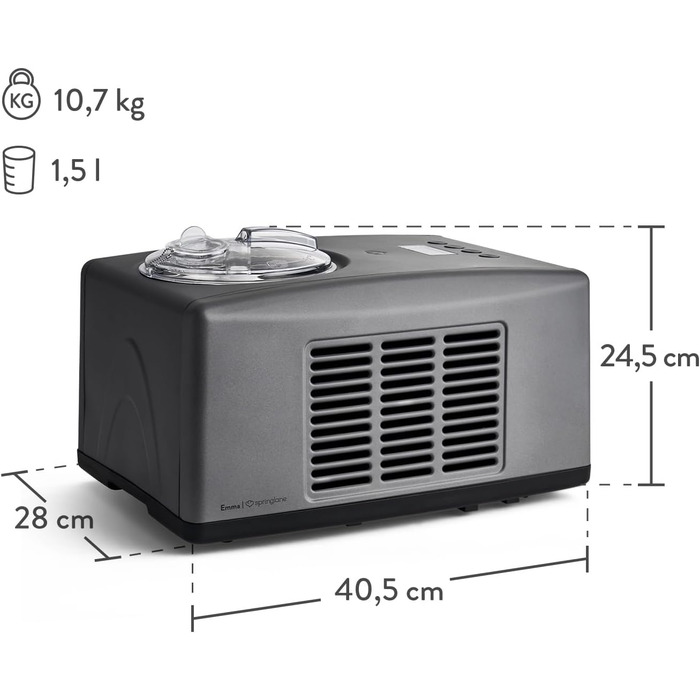 Електрична морозивомашина Springlane 1.5L з самоохолоджуючим компресором 150W, з нержавіючої сталі, знімний контейнер для льоду, рецептурник (Антрацит, Emma + 2 сірі контейнери для зберігання)