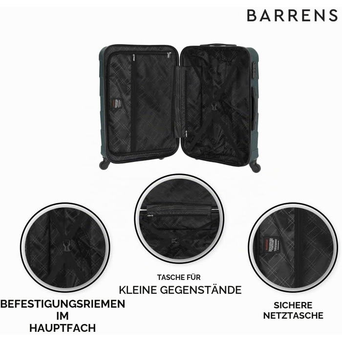 Валіза для ручної поклажі BARRENS 55x40x20 см, містка дорожня валіза з жорстким корпусом, 4 колеса, кодовий замок та телескопічна ручка, колір зелений