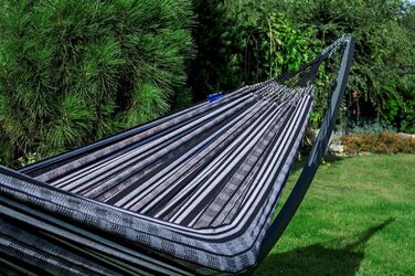 Подвійний гамак з підставкою Potenza Pereira для 2 осіб, 100% бавовна, 220x140 см, до 160 кг, стійка до погодних умов (Zebra, Graphite)