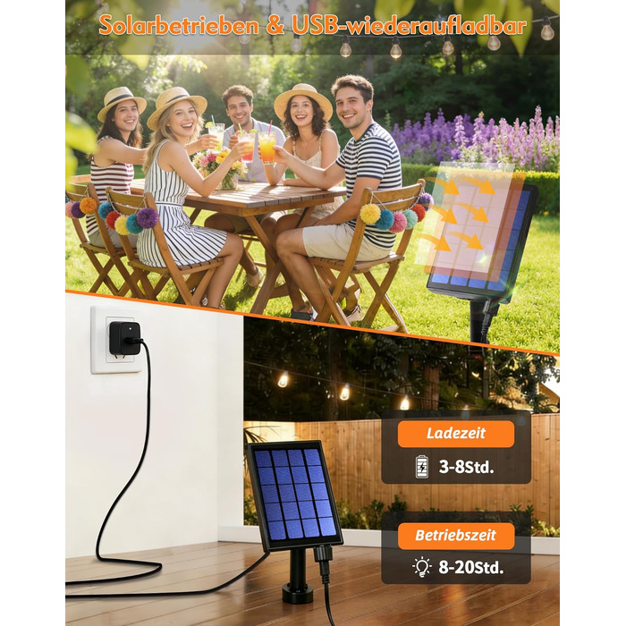 Сонячна гірлянда LED для вулиці 15м, G40, пластик, з пультом ДУ, 8 режимів, водонепроникна IP44