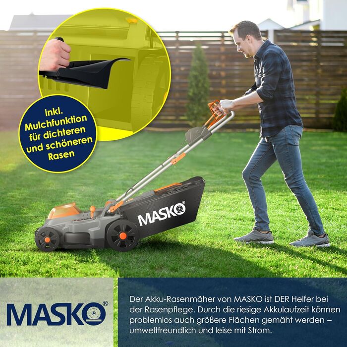 Акумуляторний газонокосарка MASKO з функцією мульчування, 2 акумулятори Li-Ion 4Ah, подвійний зарядний пристрій, триммер, ширина косіння 37 см, 6 положень висоти, кошик 40 л, площа до 600 м², в комплекті рукавички та щітка (ширина косіння 43 см, чорний/по