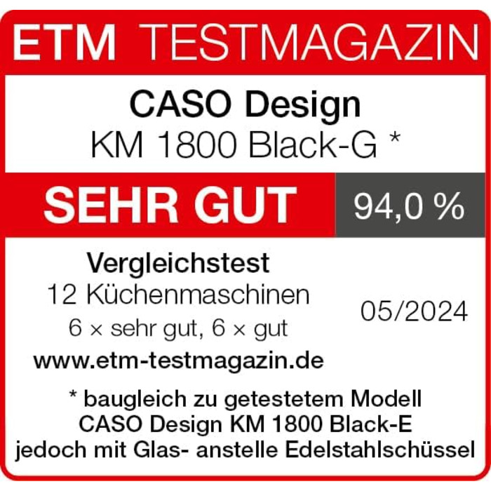 Кухонна машина CASO KM 1800 Black-G, 1800 Вт, матовий алюмінієвий корпус, 4,5 л скляна чаша, планетарне змішування, сенсорне керування, 10 швидкостей, таймер
