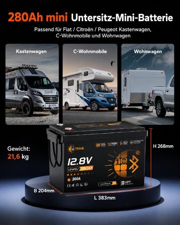 LiFePO4 акумулятор 12V 100Ah H190 ECE R10 з Bluetooth 5.4 для кемперів та будинків на колесах (12V 280Ah MINI)