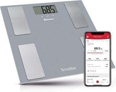 Розумні ваги-аналізатор TERRAILLON SMART CONNECT Bluetooth, вимірювання ваги, ІМТ, жиру, до 8 користувачів, сірі