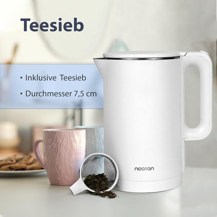 Електрочайник Noaton K2W Essential 1,7 л, подвійні стінки, нержавіюча сталь, 1500 Вт, тихий, 360° база, BPA free, білий