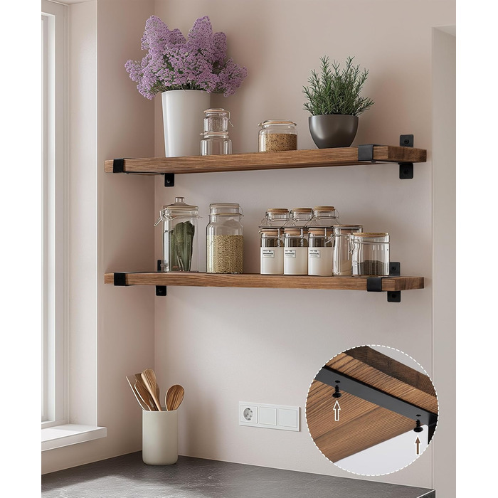 Полиця настінна Gronda Holz 3 шт. коричнева 60x15x2 см – без свердління для кухні, ванної, вітальні, книжок, в стилі вінтаж