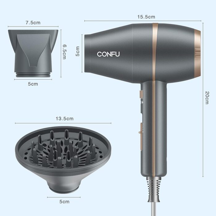 Професійний фен для волосся CONFU 2200W з дифузором, іонізацією, 3 температури, AC мотор, насадки, сірий