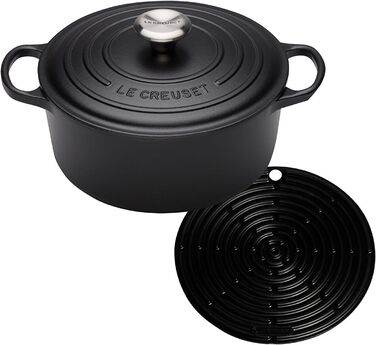 Чавунний круглий жаровник Le Creuset Signature 20 см, чорний + силіконовий круглий прихват Le Creuset, чорний