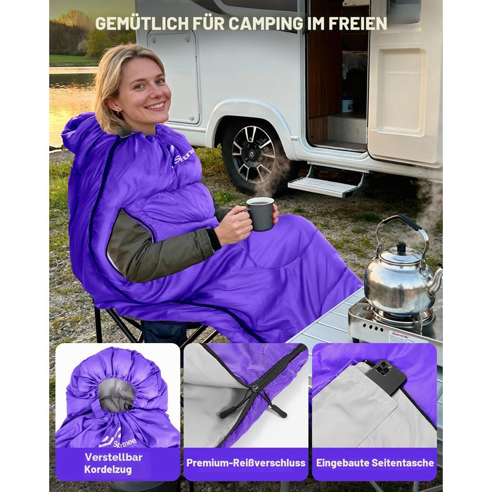 Спальний мішок Sportneer Outdoor у формі ковдри 220×85 см, з отворами для рук, вага 1.5 кг (фіолетовий, температурний режим +10...+26 °C)