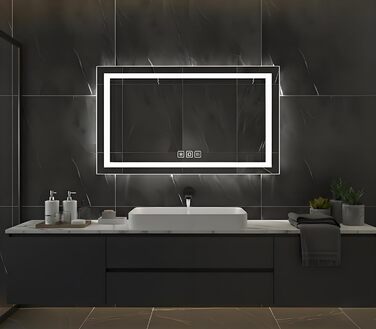 Дзеркало для ванної кімнати Luminorcrest з підсвічуванням, прямокутне 60 x 80 см, LED, 3 кольори, диммування, сенсорне управління, антизапар, CRI90+, загартоване скло, бічне та заднє підсвічування