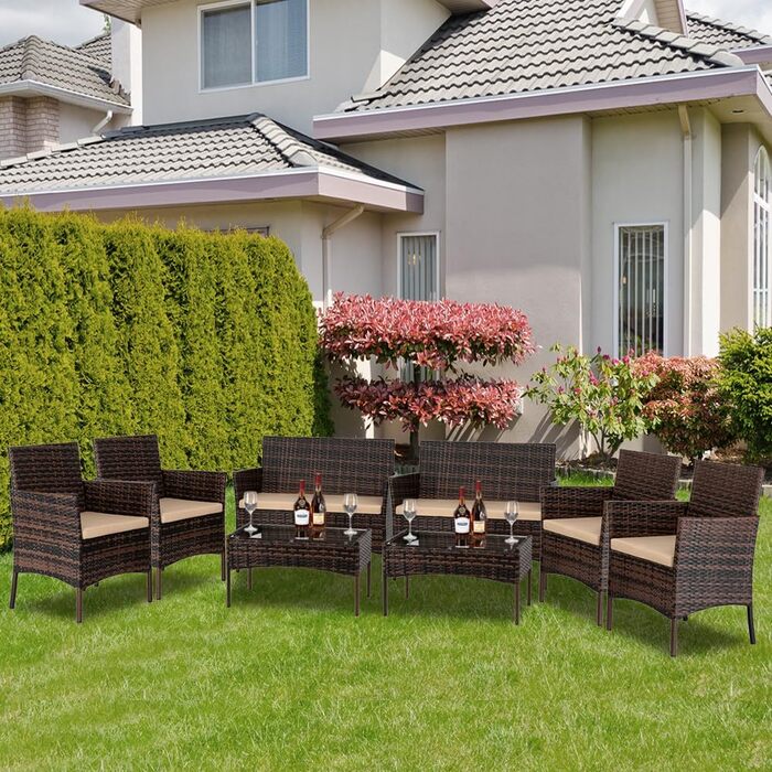Набір садових меблів Leadzm: комплект для балкона, тераси або саду. Полирожний ротанг, стійкий до погодних умов та UV-захистом. Комплект включає: диван на 2 особи, 2 крісла, місця для 4 осіб. Колір: коричневий.