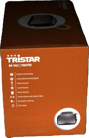 Тостер Tristar BR-1022 з нержавіючої сталі, 6 режимів підсмажування, підставка для булочок, функції розморожування та підігріву, знімний піддон для крихт, сріблястий, на 2 тости