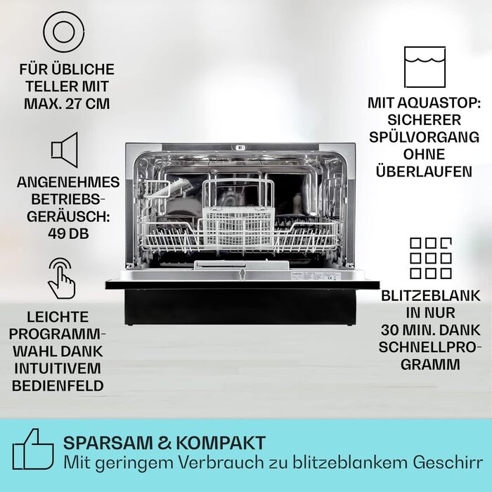 Посудомийна машина Klarstein Mini для 6 персон: компактна, тиха, з 7 програмами, для дому, офісу та кемпінгу, з підключенням до води