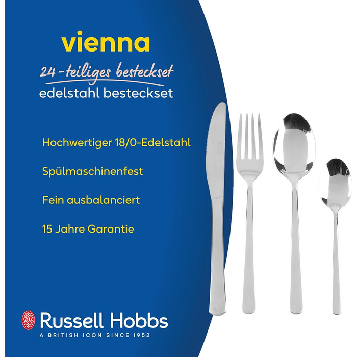 Набір столових приборів Russell Hobbs Vienna 24 предмети з нержавіючої сталі для 6 осіб: ножі, вилки, чайні та столові ложки, дзеркальне полірування, можна мити в посудомийній машині