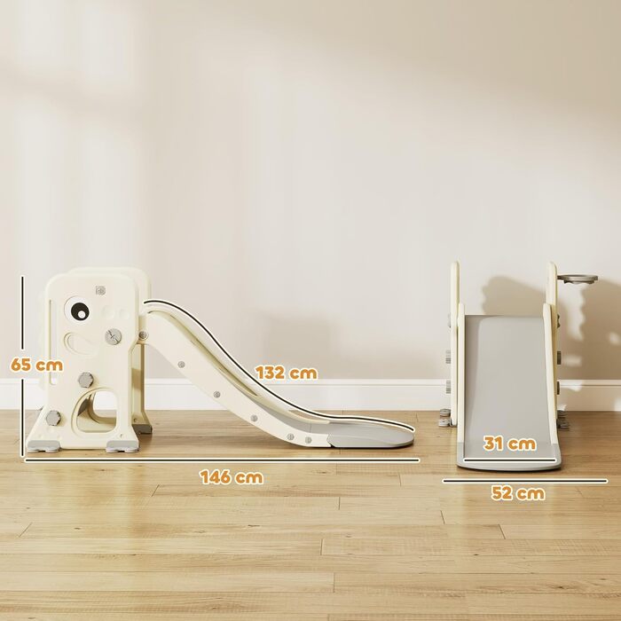 Дитяча гірка 3 в 1 AIYAPLAY з баскетбольним кільцем: складний ігровий комплекс для малюків 2-5 років (кремово-біла)