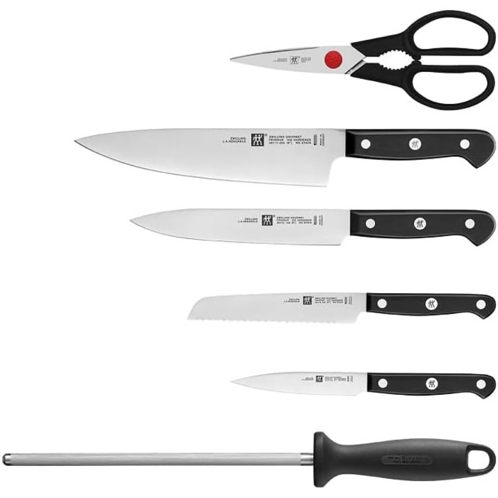 Набір ножів ZWILLING Gourmet, 7 предметів: ножі, мусат, кухонні ножиці, блок, нержавіюча сталь, ергономічна пластикова ручка, чорний, вироблено в Німеччині