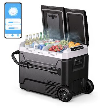 Автомобільний компресорний холодильник 50л з Bluetooth, 12/24/230V, подвійне регулювання температури (-20°C до 20°C), колеса, перегородка, тихий (45 дБ) для авто, кемпінгу, каравану