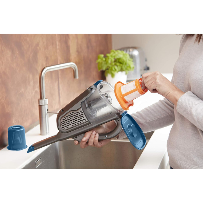 Акумуляторний ручний пилосос BLACK+DECKER Dustbuster Smart Tech 18 В, 36 Вт·год, циклонний, 2 режими, витяжна щілинна насадка, зарядна станція, настінне кріплення, титан/срібло/синій