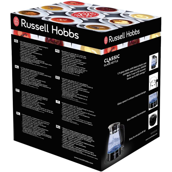 Скляний електрочайник Russell Hobbs 26080-70 Classic Design, 1.7 л, 2400 Вт, з LED-підсвіткою та сталевою основою, чорний/прозорий