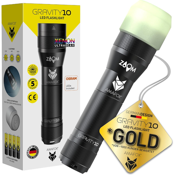 Ліхтарик AMAFOX G10-1000 люмен OSRAM XENON Power-LED, надяскравий, з регулюванням яскравості та зумом, працює на 4x AA батарейках