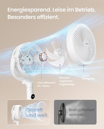 Вентилятор підлоговий SONGMICS XFC002W1EU тихий (20 дБ), з пультом, 15 швидкостей, 3 режими, 120°/135° осциляція, таймер 15 год, регульована висота, білий