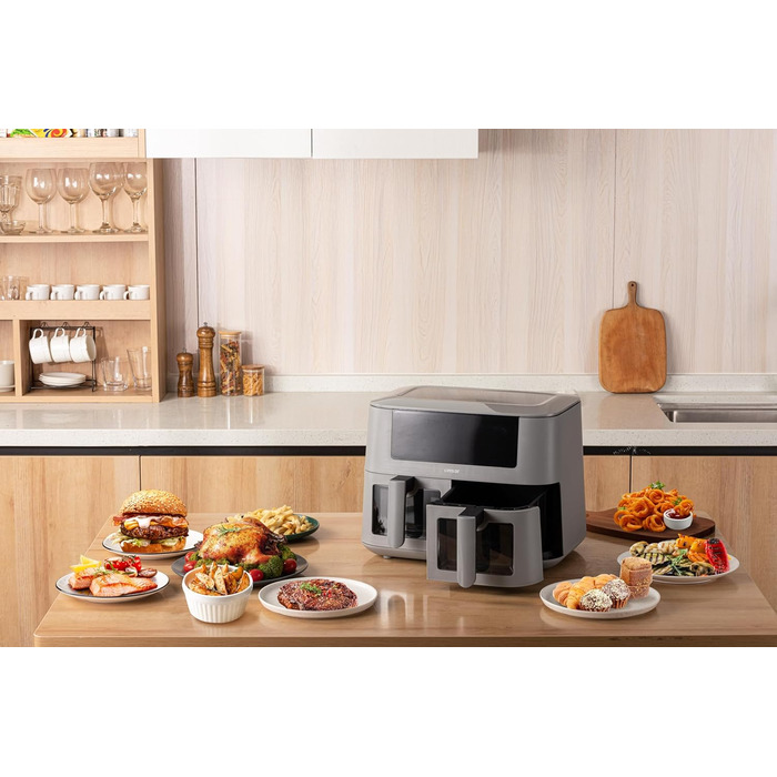 Linsar Dual Zone аерофритюрниця з двома камерами, 8 л, 2 кошики зі скляним вікном, сенсорне управління, 9 програм, Dual Cook, синхронізація, 2570-3040 Вт, чорна