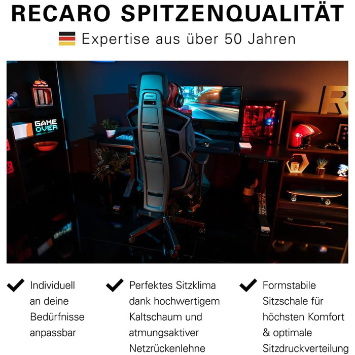Ігрове крісло RECARO AER Essential, ергономічне, преміум-піна, офісне, регульоване, до 150 кг, чорне