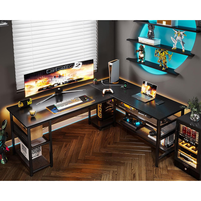 Кутовий комп'ютерний стіл ODK, L-подібний, з розетками і USB, чорний, 168×120 см, з великим простором для зберігання