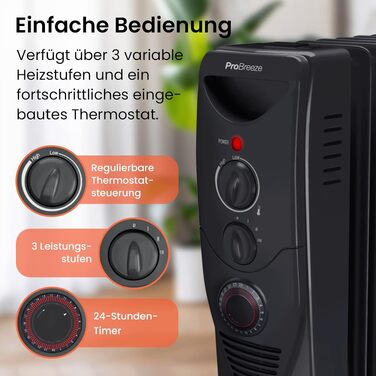 Масляний обігрівач Pro Breeze 2500W, електричний радіатор з 11 секціями, 3 режимами нагріву, термостатом та 24-годинним таймером, захист від перегріву та перекидання, чорний