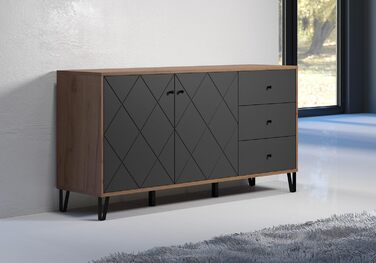 Сервант trendteam smart living Montez, сірий/дуб, 2 двері, 3 шухляди, фрезеровані фасади, металеві ніжки, 183x76x40 см