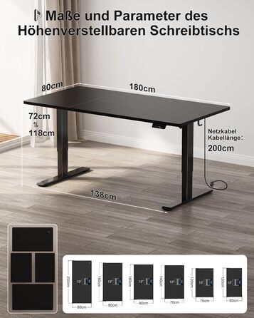 Регульований стіл Homall 200x80 см з USB-портом, електричний, з органайзером для кабелів, пам'ять позицій, для комп'ютера, чорний
